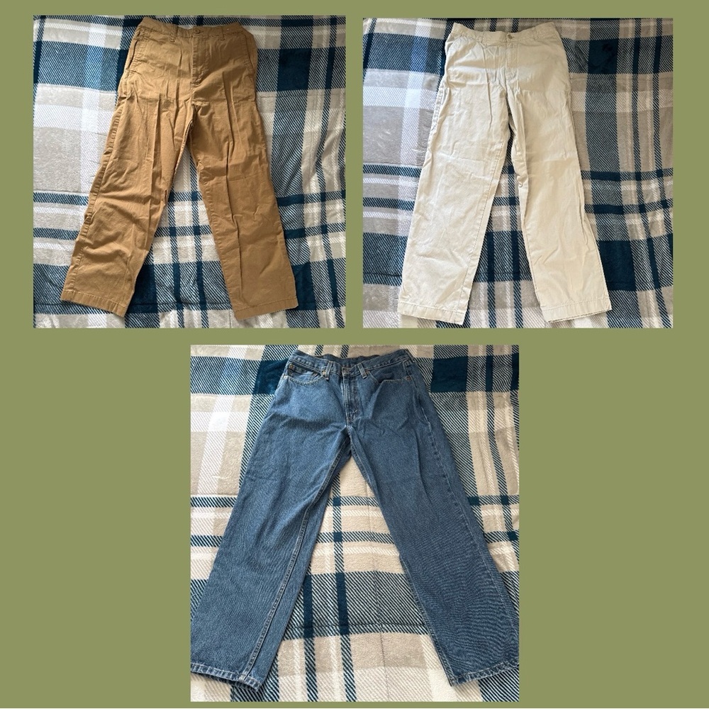 Set of Three baggy Pants in Tan, Cream, and Blue